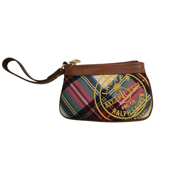 Ralph Lauren RL Polo Stewart Plaid Wristlet Brown Leather Accents Strap - Picture 1 of 7